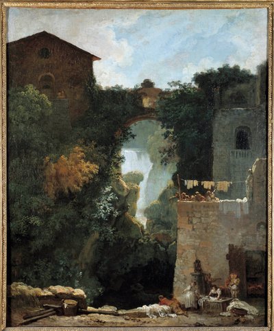 チボリの滝 Des lavandieres の滝のある風景。ジャン＝オノレ・フラゴナール（1732-1806）の絵画 18世紀 日0,72x0,6 m。 作： Jean Honore Fragonard