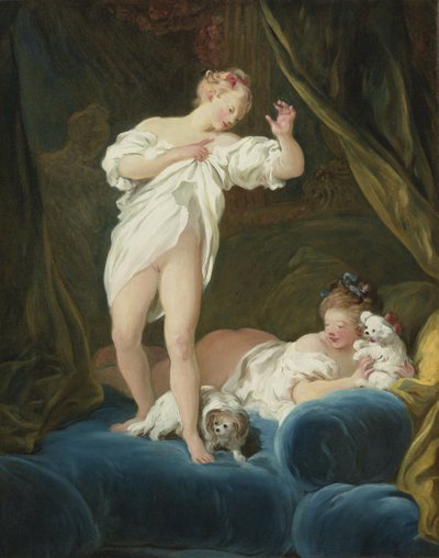 犬と遊ぶベッドの上の二人の女の子 作： Jean Honore Fragonard