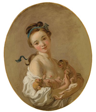 2匹の子犬を抱く少女、1770年頃 作： Jean Honore Fragonard