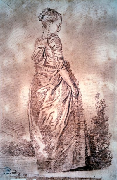 ジャン・オノレ・フラゴナールの血を描いて歩く若い女性 作： Jean Honore Fragonard