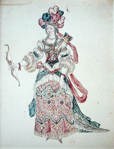 弓を持つ女性、劇場用衣装のデザイン（紙にトイレ） 作： Jean II Berain
