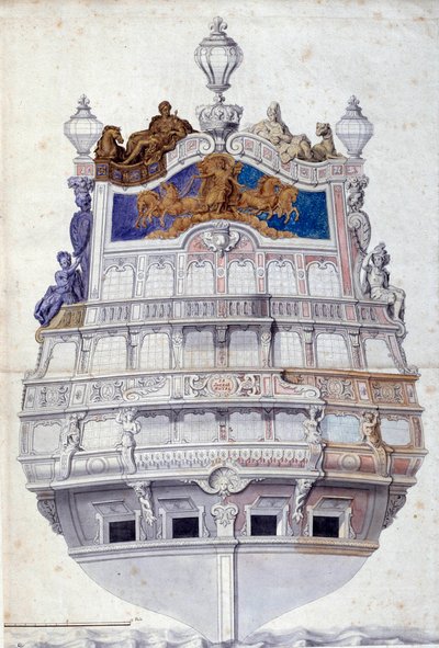 ル・ソレイユ・ロワイヤル号の船尾の装飾」 ジャン・Ⅰ・ベラン（1640-1711）の水彩画 日0.6x0.4 m パリ、ルーヴル美術館 作： Jean I  Berain