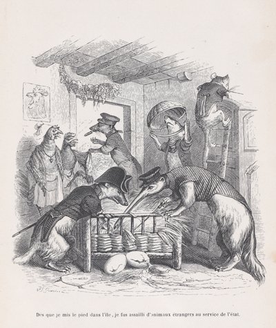 島に足を踏み入れてすぐに...「公私混同の情景」より、1837年から47年頃。 作： Jean Ignace Isidore Gérard