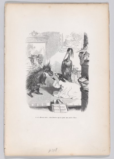 この恐ろしい話で、Zemire は Azor の足元に身を投げます。 1837-47。 作： Jean Ignace Isidore Gérard