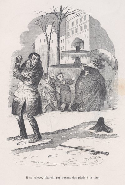 彼は頭からつま先まで雪に覆われて立ち上がる。 作： Jean Ignace Isidore Gérard