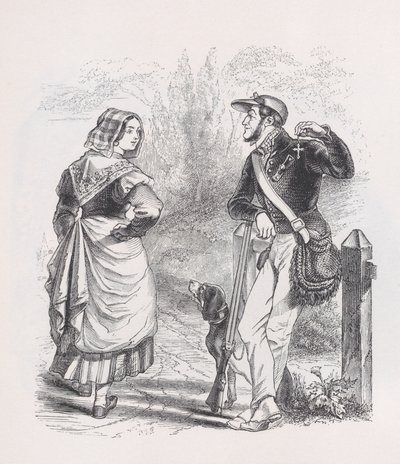 ベランジェ全集、1836年からのハンターと牛乳を注ぐ女。 作： Jean Ignace Isidore Gérard