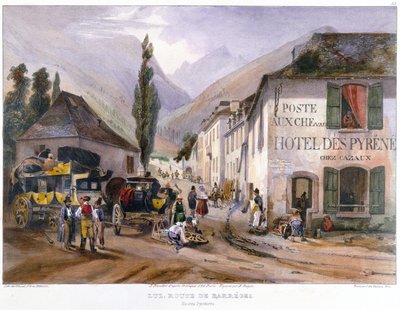 1840年頃、バレジェへの道のルスにある駅馬車の到着と修理 作： Jean Jacottet