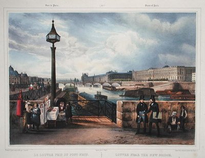 パリとその周辺の散歩道」より「新橋の近くのルーヴル美術館」1840年頃（彩色済みエングレーヴィング） 作： Jean Jacottet