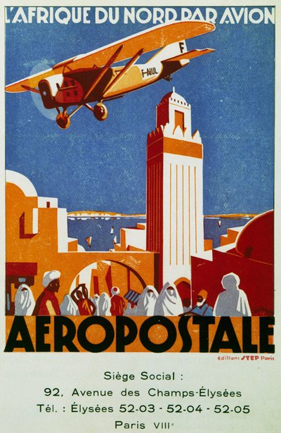 アエロポスタル（航空郵便）、北アフリカとの航空便、看板、フランス 作： ジャン・ジャクラン