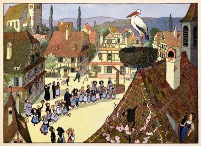 私の村、忘れない者たち：コウノトリの到来。 作： Jean Jacques (1873 1951) Waltz
