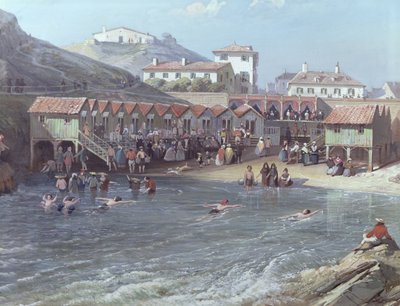 ビアリッツの旧港での海水泳の始まり、17585年のキャンバスのディテールに油彩 作： Jean Jacques Alban de Lesgallery