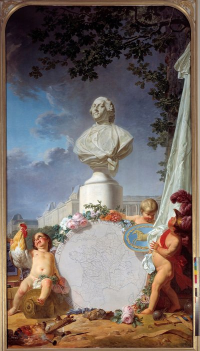 学術的なヨーロッパ フランスの栄光をアレゴリー的に表現した作品で、ルイ16世（1754-1793）の胸像を中心に、フランス領地の地図、雄鶏、天使の紋章、芸術・科学のシンボルが描かれています。ジャン・ジャック・バシェリエ（1724-1806）による絵画 1762年 ヴェルサイユ宮殿 作： Jean Jacques Bachelier