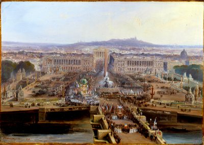 1848年の革命。1848年5月21日のコンコルドの祝日、労働者企業のコンコルド広場からシャンデマルスに向けて出発する。ジャン・ジャック・シャンパン（1796-1860）によるマルフール紙に描かれた絵画 1848年 薄暗い。0.31 x 0.44 m パリ、カルナヴァレ美術館 作： Jean Jacques Champin