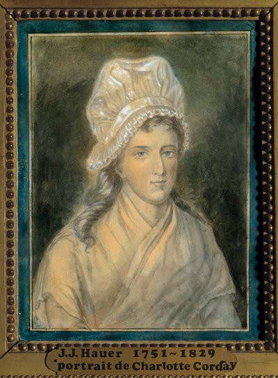 シャルロット・コルデー（1768-1793）の肖像 ジャン・ジャック・ハウアー（1751-1829）の絵画 18世紀。ヴェルサイユ宮殿ランビネ美術館 作： Jean Jacques Hauer