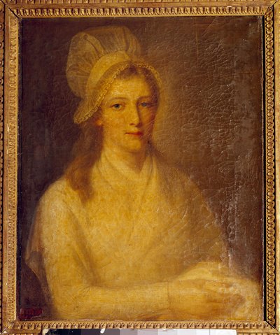 マリー・アンヌ・シャルロット・コルデー（1768-1793）の肖像 ジャン・ジャック・ハウアー（1751-1829）の絵画 1793年。薄さ0.61 x 0.47 m ヴェルサイユ宮殿、シャトー美術館 作： Jean Jacques Hauer