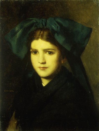 彼女の髪に弓を持つ少女の肖像画 作： Jean Jacques Henner