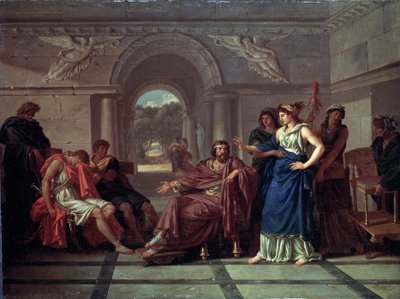 Helen Recognizing Telemachus, Son of Odysseus (Helen Recognizing Telemachus, Son of Odysseus). ホメロスのオデッセイ (紀元前 8 世紀後半) のギリシャ神話のシーン。 Jean Jacques Lagrenee（1739-1821）による絵画、木に油彩 作： Jean Jacques II Lagrenee