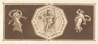 装飾的な八角形の椅子に座るミネルヴァ、左に人物、右に夜…、1784年。 作： Jean Jacques Lagrenee
