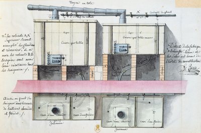 パリのホテルドゥモントロンでの給湯システムの設計、1787年頃（紙にwc） 作： Jean Jacques Lequeu