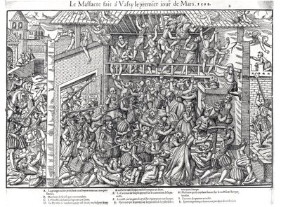 ジャックトートレル（1568-92）によって彫刻された、1562年3月1日、ワッシーシュルブレーズでのデュックドギース軍によるプロテスタント集団の虐殺 作： Jean Jacques Perrissin