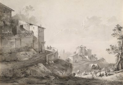 丘の上に家々が建ち並ぶ太陽に照らされた風景 作： Jean Jacques de Boissieu