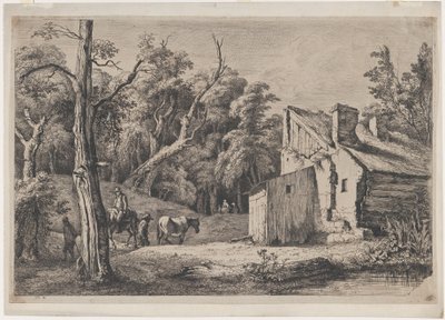 右側にコテージがあるブリーの森への入り口、1772年。 作： Jean Jacques de Boissieu