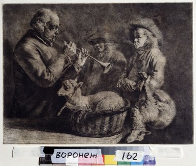 ""The oboist"" (オーボエ奏者) 2 人の羊飼いの前でオーボエを演奏する音楽家。 Jean Jacques de Boissieu (1736-1810) による木版画 1772 年 Ivan Kramskoy (または Kramskoi) ロシアのヴォロネジにある美術館。 作： Jean Jacques de Boissieu