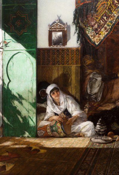 モロッコのハレムの内部（詳細）：デルブーカを演奏する女性 作： Jean Joseph Benjamin Constant