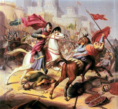 最初の十字軍: ""1098 年 - 1838 年のアンティオケ包囲戦でムスリムの兵士と戦うロバート コートハウスと呼ばれるノルマンディー公ロバート 2 世 作： Jean Joseph Dassy