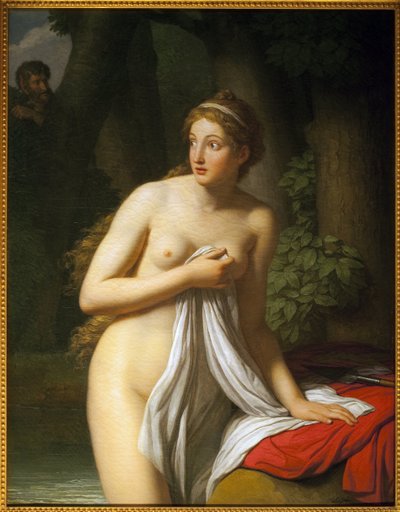 サプライズニンフ。ジャン・ジョセフ・タイラッソン（1745-1809）の絵画、油彩・キャンバス。アール・フランセ18世紀。トゥールーズ美術博物館。 作： Jean Joseph Taillasson