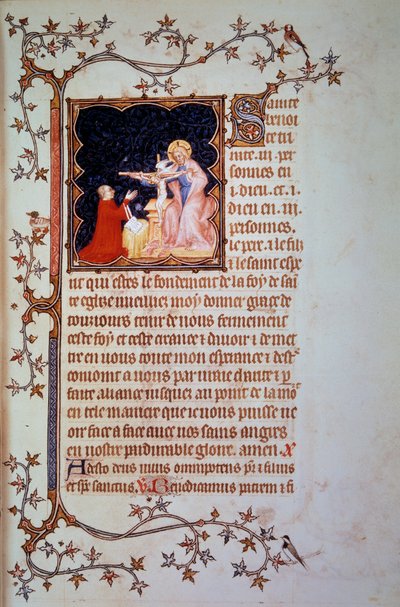 ベリー公ジョン1世（1340-1416）聖三位一体の前で ミニチュアは1375年頃、黒髪のジョンによって盛り上げられた写本（ms.lat.18014）「ベリー公ジョンの小さな時間」から取られたもの。パリ、B.N. 作： Jean Le and workshop (attr. to) Noir