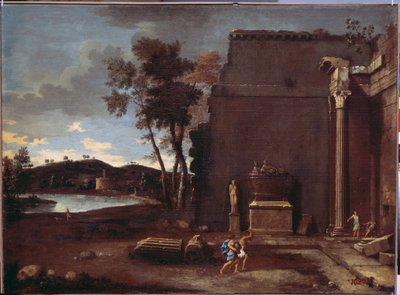 石棺のある風景。 ジャン・ル・メール (1597-1659) の絵画。 フランスの芸術、キャンバスに油彩。 エルミタージュ美術館、サンクトペテルブルク 作： Jean Lemaire