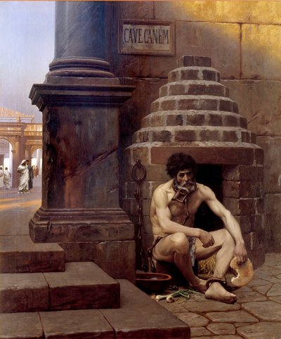 Cave canem ローマの捕虜、通りの角に犬のような鎖「犬に気をつけろ」。ジャン・レオン・ジェローム（1824-1904）の絵画 19世紀 日1,06x0,9 m Vesoul, musee Georges Garret - Cave Canem; ローマの戦争捕虜、犬のように鎖でつながれている。 作： Jean Leon Gerome
