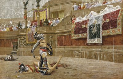 ローマの闘技場での剣闘士たち：観客は「親指を下に向ける」ことで、勝者が敵を助けないように合図する。JL Geromeの絵画を基にしたクロモリトグラフ。 作： Jean Leon Gerome