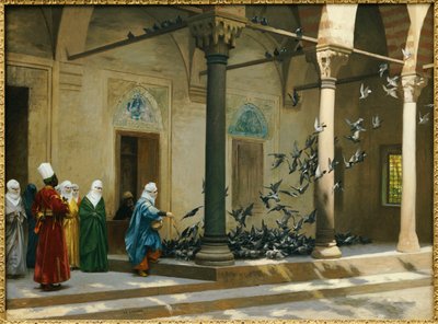 中庭でハトに餌をやるハーレムの女性 作： Jean Leon Gerome