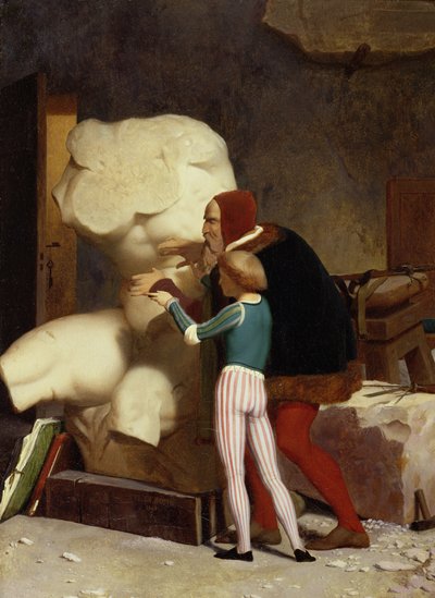 ミケランジェロ（1475年〜1564年）、ベルヴェデーレの胴体を生徒に見せて（1849年） 作： Jean Leon Gerome