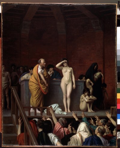 古代ローマ: ""The Slave Market in Rome"" (The Slave Market in Rome) プラットフォーム上の裸の奴隷が売られ、買い手の聴衆が腕を上げて価格を提示します. Jean Leon Gerome (1824-1904) による絵画 1884 Dim. 92x74 cm Museum of E 作： Jean Leon Gerome