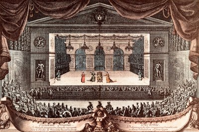 ヴェルサイユ宮殿のジャン・バティスト・ポケリン・ディット・モリエールの「Le malade imaginaire」（想像上の無効物）（彩色された彫刻版 作： Jean Lepautre