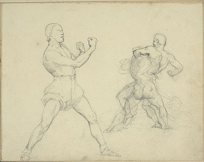 右を向くボクサーとレスリングする2人の男 作： Jean Louis André Théodore Géricault