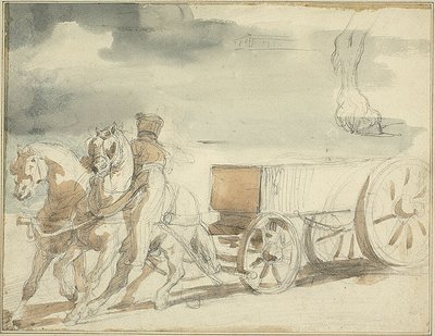 二頭の馬が引く軍需カート 作： Jean Louis André Théodore Géricault