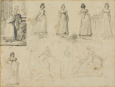 ファッショナブルなドレスを着た若い女性の9つのスケッチ 作： Jean Louis André Théodore Géricault
