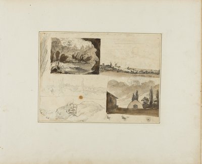スケッチのシート：つの風景とグレイハウンド 作： Jean Louis André Théodore Géricault