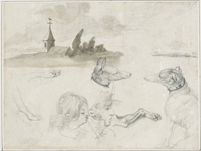 スケッチのシート：グレイハウンド; 男性と女性の頭部 作： Jean Louis André Théodore Géricault