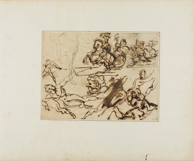スケッチシート：ランサーズ、苦闘するヌード、その他の主題 作： Jean Louis André Théodore Géricault