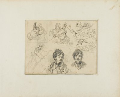 スケッチのシート：ライダー、人魚、2人の若者の肖像 作： Jean Louis André Théodore Géricault