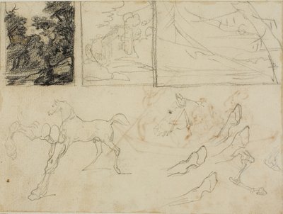 スケッチ・シート：3つの風景、馬、蹄 作： Jean Louis André Théodore Géricault