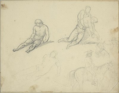スケッチ横たわるヌード、身体を支える男 作： Jean Louis André Théodore Géricault