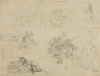 騎兵隊の戦い、兵士、風景のスケッチ 作： Jean Louis André Théodore Géricault