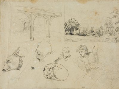 小屋、風景、犬と様々な人物のスケッチ 作： Jean Louis André Théodore Géricault