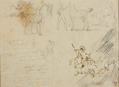 馬のスケッチ、馬を抱く花婿、騎兵隊の戦い 作： Jean Louis André Théodore Géricault